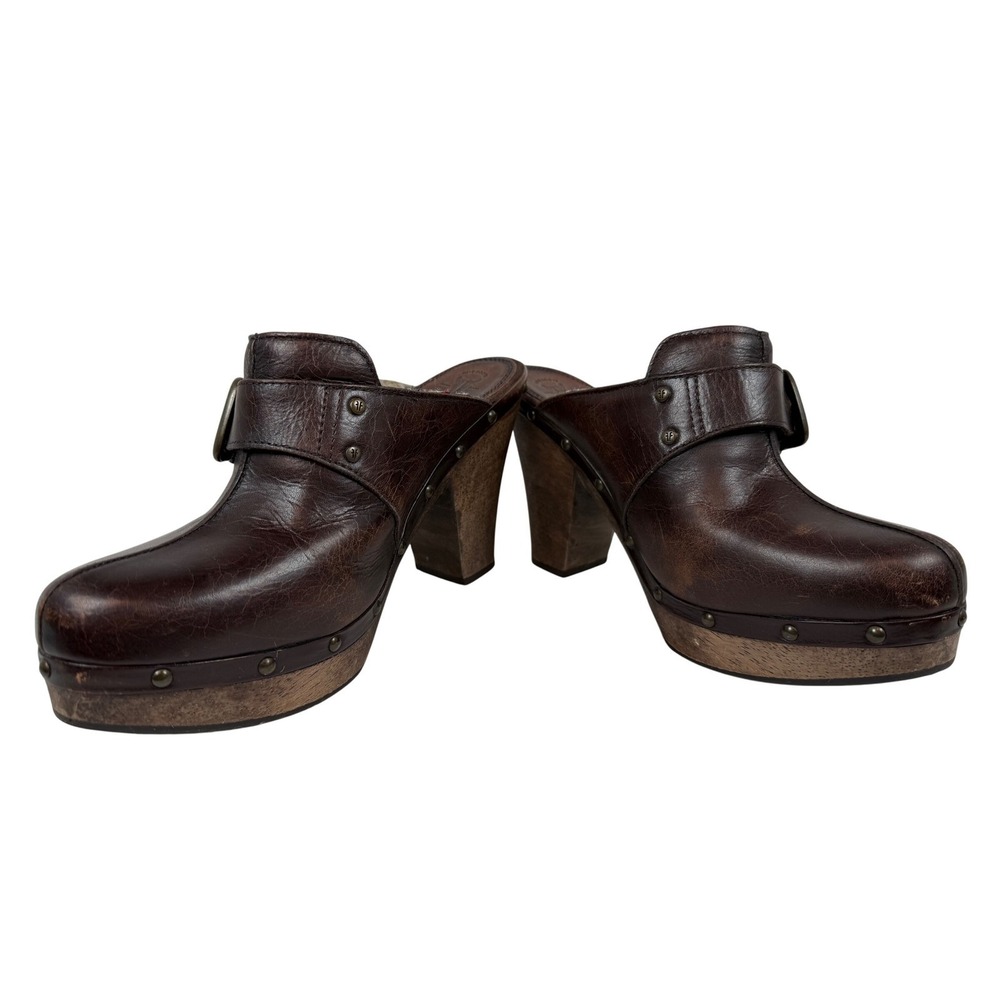Frye Ella Leather Mule Clogs, Brown, Studded Wooden Platform and Heel, Size 8.5 - Picture 7 of 12